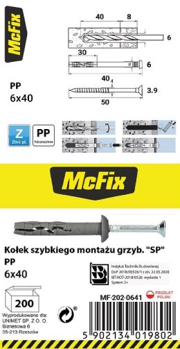 KOŁEK SZYBKI MONTAŻ Z KOŁNIERZEM PP 6*40MM